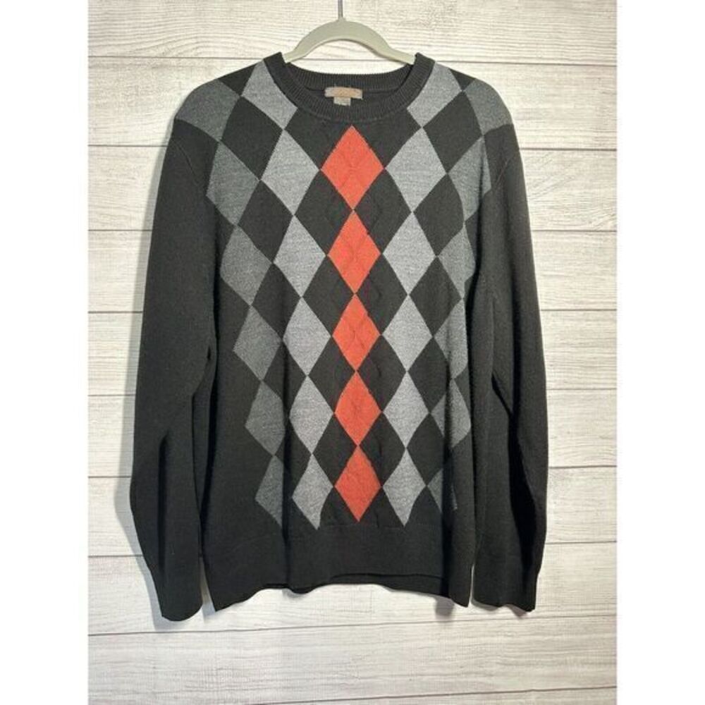 Dockers Mens XL Sweater Black Argyle Long Sleeve Pullover Crew Neck